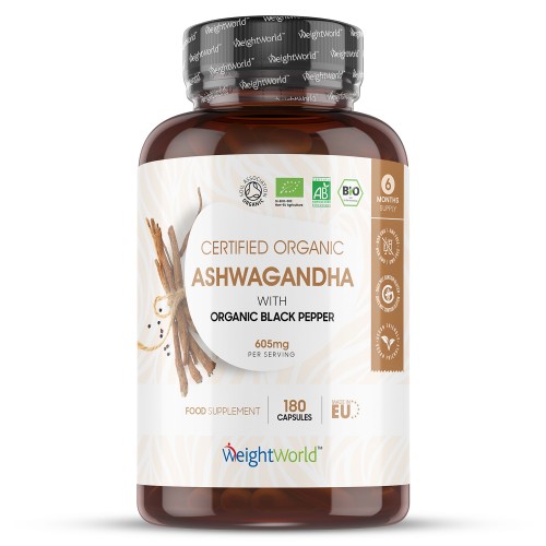 Brown plastic bottle with a black lid, labeled "Certified Organic Ashwagandha with Organic Black Pepper," containing 180 capsules, featuring a white and beige design with certification logos.