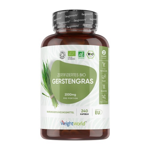 Organic Barley Grass Capsules in a brown plastic bottle, featuring a green label with white text, containing 240 capsules, and marked with EU organic certification symbols.