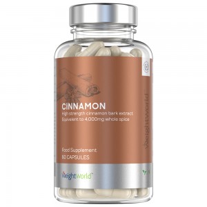 Clear plastic bottle with a silver lid, containing beige capsules labeled "CINNAMON" and "180 CAPSULES," featuring a brown and white design with nutritional information.