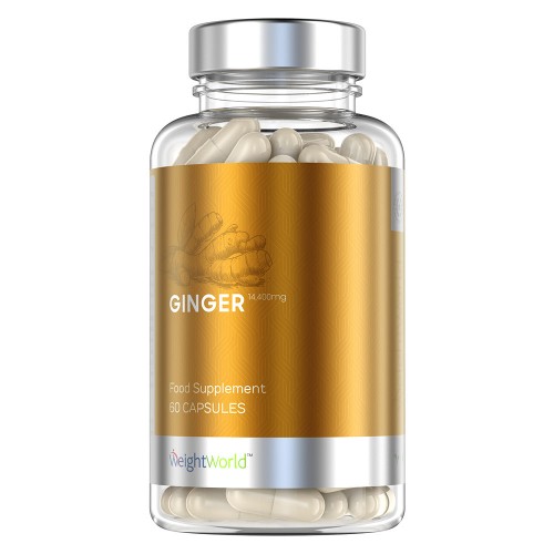 Clear bottle containing beige capsules, labeled "GINGER 1300mg" with a gold and white design, featuring "Soil Assoc. Certified Vegan" and "60 Capsules" text.