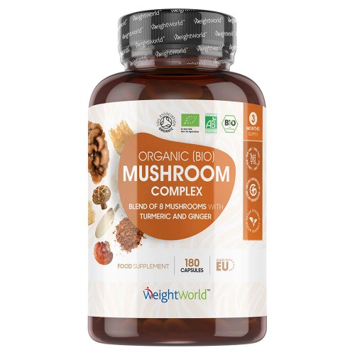Brown plastic bottle with a white label featuring colorful graphics, labeled "Organic Mushroom Complex," highlighting Lion's Mane, turmeric, and ginger, containing 180 capsules.