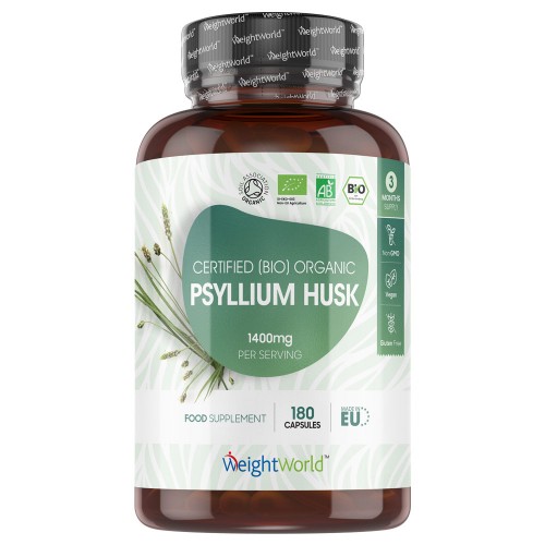 Brown plastic bottle with a green and white label, featuring "Organic Psyllium Husk" in bold, 1400mg, 180 capsules, and a logo indicating organic certification.