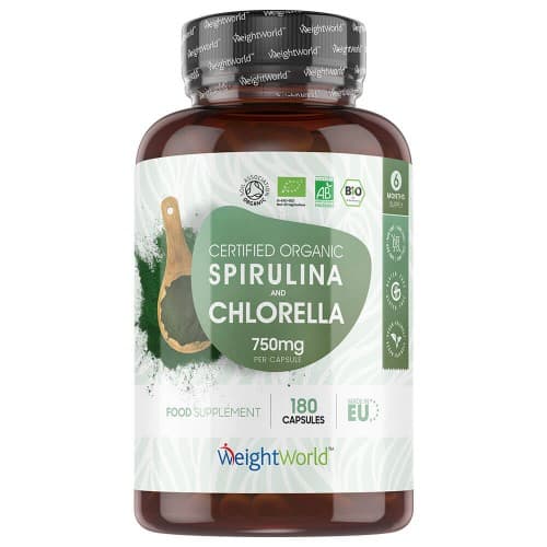 Brown plastic bottle with a black screw cap, featuring a white label with green accents, displaying "WeightWorld Organic Spirulina & Chlorella" and details about vegan capsules and certification.