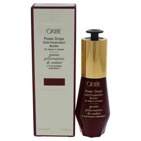Power Drops Color Preservation Booster by Oribe in a sleek, dark red bottle with a gold cap, accompanied by a matching box featuring elegant text and branding details.