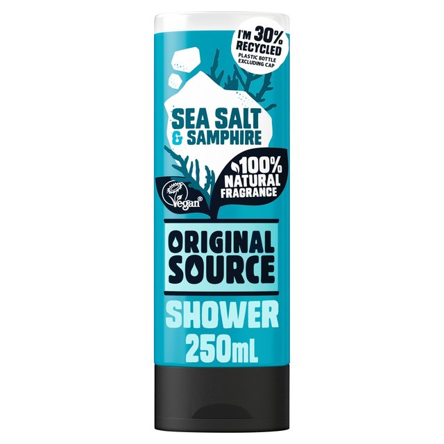 Clear plastic bottle of Original Source Sea Salt and Samphire Shower Gel, 250ml, featuring a turquoise label with black text and a vegan symbol, emphasizing natural fragrance.