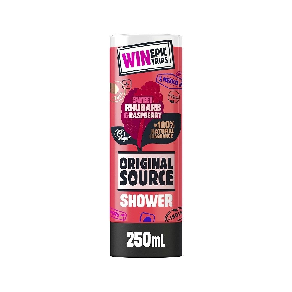 12PK Original Source shower gel in a vibrant pink tube, featuring sweet rhubarb and raspberry scent, 250ml, with bold graphics and a black cap.