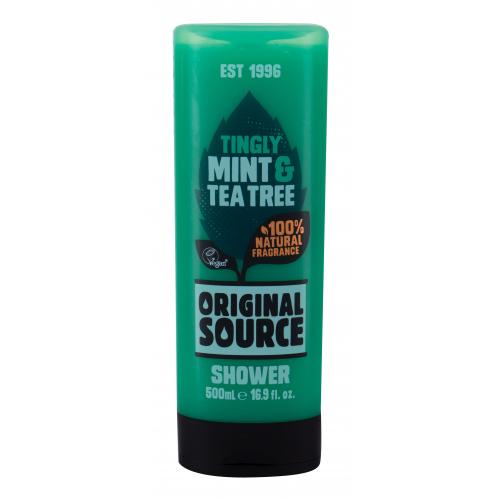 Bright green shower gel bottle with a black base, featuring bold black text stating "Original Source" and "Tingly Mint & Tea Tree," highlighting its vegan and natural fragrance.
