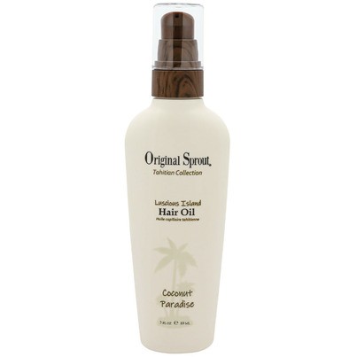 Cream-colored bottle with a brown pump top, labeled "Original Sprout, Luscious Island Hair Oil, Coconut Paradise," 3 oz size, featuring a palm tree design.