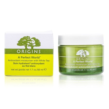 Green glass jar of "A Perfect World Antioxidant Moisturiser" by Origins, with a white box featuring a tree logo, both emphasizing a natural and eco-friendly aesthetic.