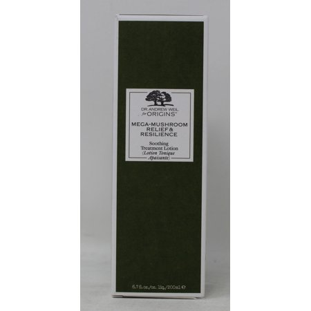 Green and white box packaging for Dr. Andrew Mega-Mushroom Skin Relief & Resilience Soothing Treatment Lotion, featuring product details and a tree logo on the front.