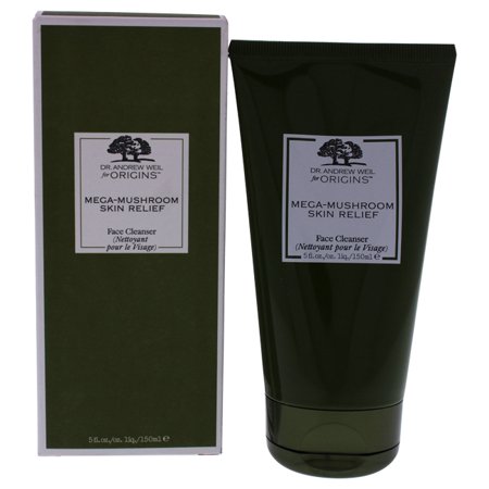 Green tube of Dr. Andrew Weil for Origins™ Mega-Mushroom Skin Relief Face Cleanser, 5 oz, with a matching box featuring white text and a tree logo.