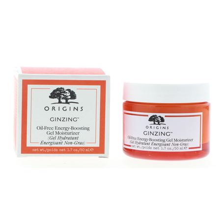 Bright orange jar with a white lid, labeled "Ginzing" and "Origins," containing 1.7 oz of oil-free energy-boosting gel moisturizer, alongside a matching orange box.