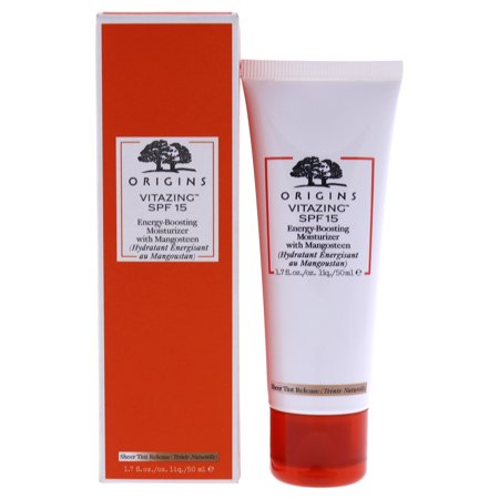 White tube with orange accents, labeled "Origins VitaZing™ SPF 15," alongside a matching orange and white box, both featuring a tree logo and product details.
