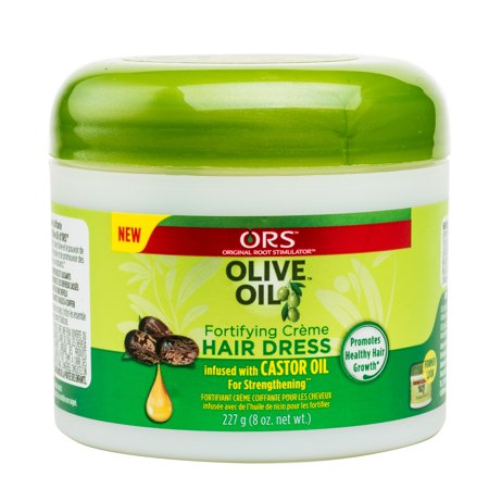 Green and white circular jar of ORS Olive Oil Creme Hair Dress, featuring a label with yellow accents, highlighting castor oil infusion and promoting healthy hair growth.