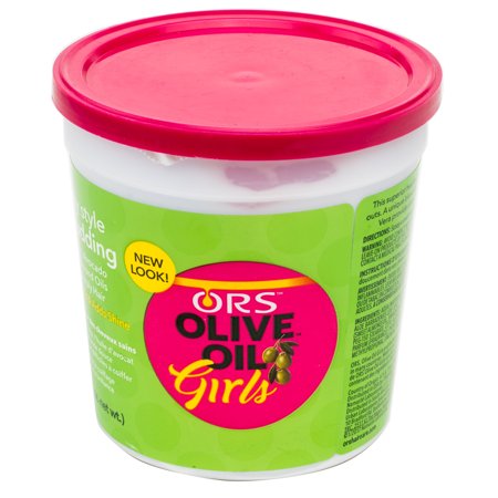 ORS Olive Oil™ Girls Healthy Style Hair Pudding in a 13 oz white container with a bright pink lid, featuring a green label with bold text and an olive oil graphic.