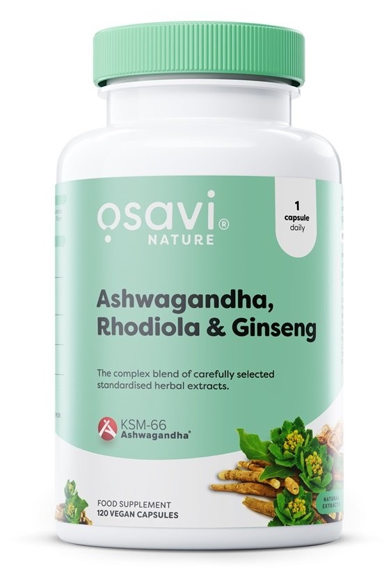 Green and white cylindrical bottle with a screw-top lid, labeled "Osavi Ashwagandha + Rhodiola & Ginseng Capsules," containing 120 vegan capsules, featuring herbal extract imagery.