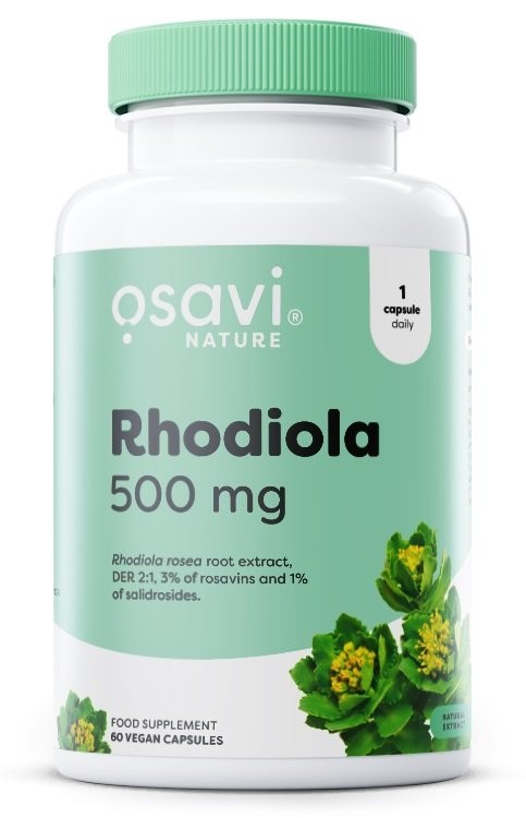 White bottle with a green label, featuring "Osavi Nature Rhodiola 500 mg" in bold black text, and a leafy plant graphic; contains 60 vegan capsules for dietary supplementation.