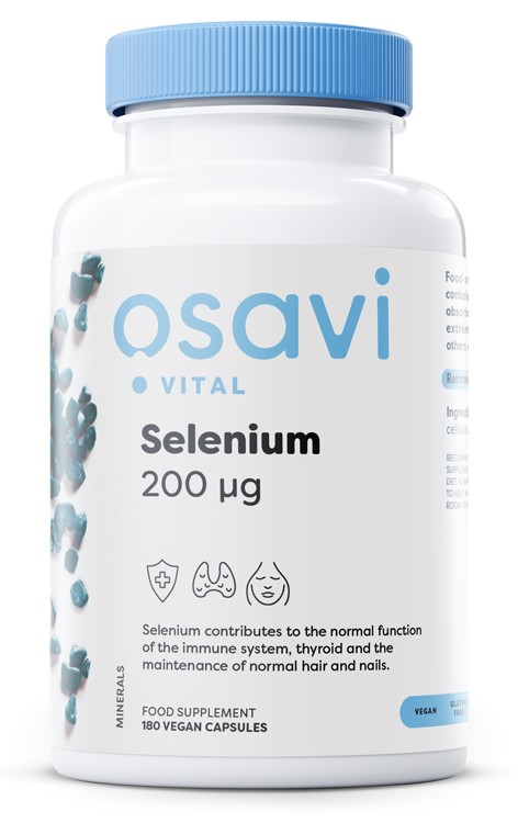 White bottle with a blue lid labeled "Osavi Vital Selenium 200 mcg" and icons depicting health benefits; contains 180 vegan capsules.
