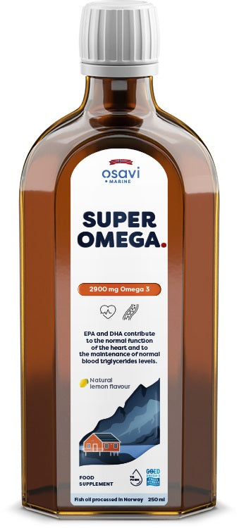 Brown glass bottle with a white label featuring blue and red text, containing "Osavi Super Omega 2900mg Omega 3" with a lemon flavor, 250 ml, and an image of mountains on the label.