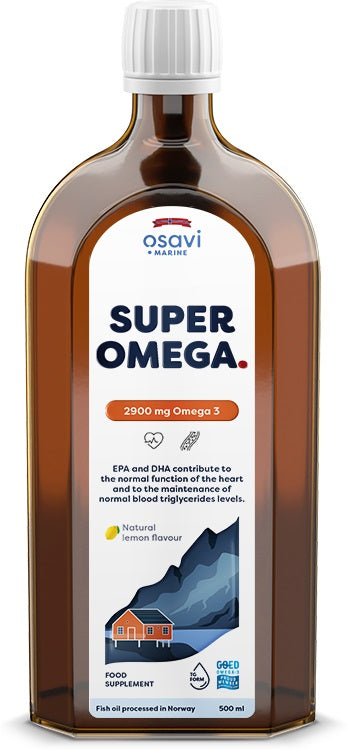 Brown glass bottle with a white cap, labeled "SUPER OMEGA" in bold red letters, containing 2900mg Omega 3, with a lemon flavor and mountain graphic, 500ml size.