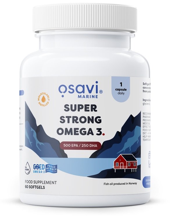 White plastic container with a blue and red label featuring "Super Strong Omega 3" text, showing 500 EPA / 250 DHA, and a scenic mountain illustration; contains 60 softgels.
