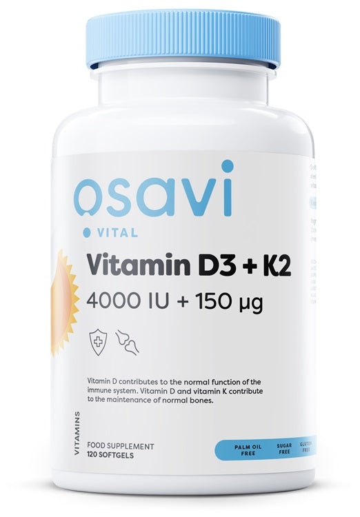 White bottle with a blue and yellow label, featuring "Osavi Vitamin D3 + K2" in bold text, containing 120 softgels, highlighting 4000 IU and 150 mcg dosages.