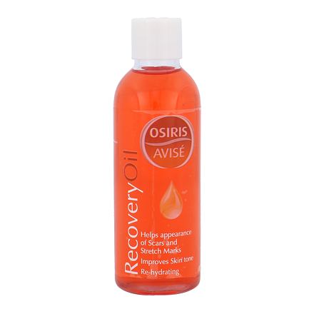 Transparent bottle of Osiris Avise Recovery Oil, 100ml, featuring a vibrant orange liquid, labeled with white text highlighting benefits for skin tone, scars, and stretch marks.