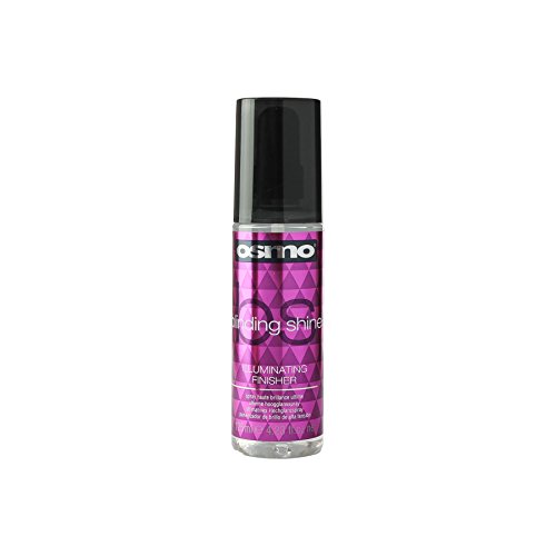 Purple and clear spray bottle with a black cap, labeled "Osmo Blinding Shine Illuminating Finisher 125ml," featuring geometric patterns and a shiny finish.