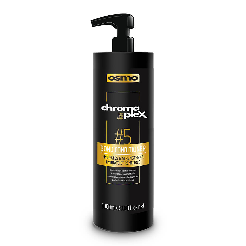 Black bottle with a sleek design, featuring a pump dispenser, labeled "Osmo Chromaplex No.5 Bond Conditioner" in yellow and white text, 1000ml capacity.