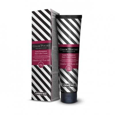 Osmo Color Psycho semi-permanent hair color in a 150ml tube, featuring bold black and white striped packaging with vibrant color graphics, designed for wild and creative hair transformations.