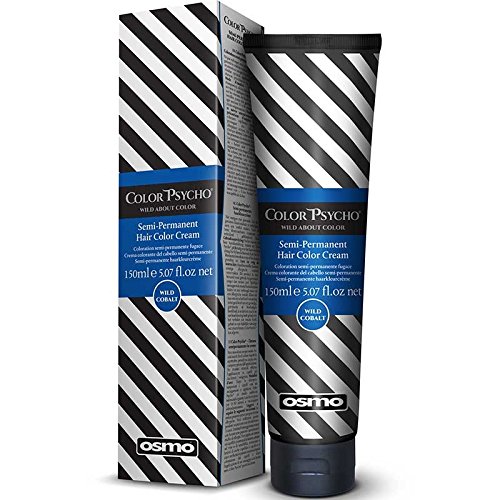 Semi-permanent hair color cream in a 150 ml tube, featuring a vibrant wild cobalt shade, packaged in a striped black and white box with bold lettering.