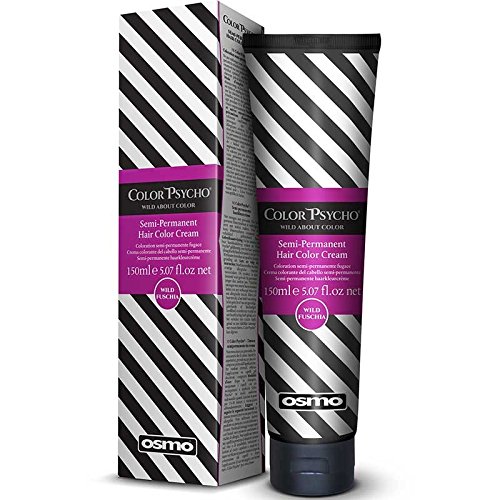 Osmo Color Psycho semi-permanent hair color in wild fuchsia, packaged in a 150ml tube with a striking black and white striped design and a vibrant purple label.