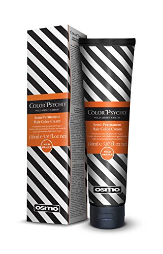 Osmo Color Psycho semi-permanent hair color in a 150ml black and white striped tube, featuring an orange label with product details and a matching box.