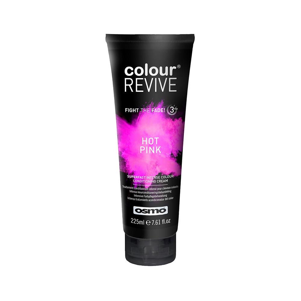 Black squeeze tube featuring vibrant hot pink graphics, labeled "Colour Revive Conditioning Treatment," 225ml, designed to enhance and maintain hair color.