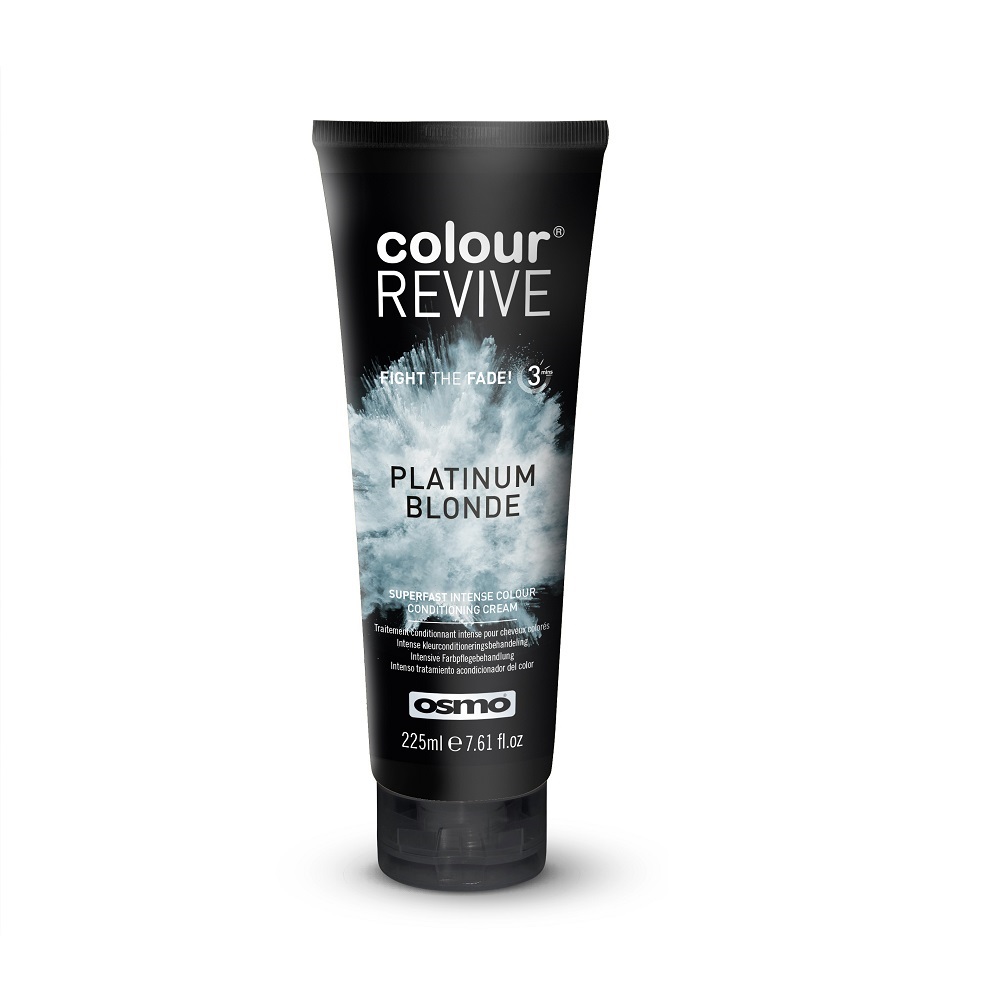 Black tube with a flip-top cap, featuring a blue and white design, labeled "Colour Revive Platinum Blonde," containing 225ml of hair conditioning treatment by Osmo.