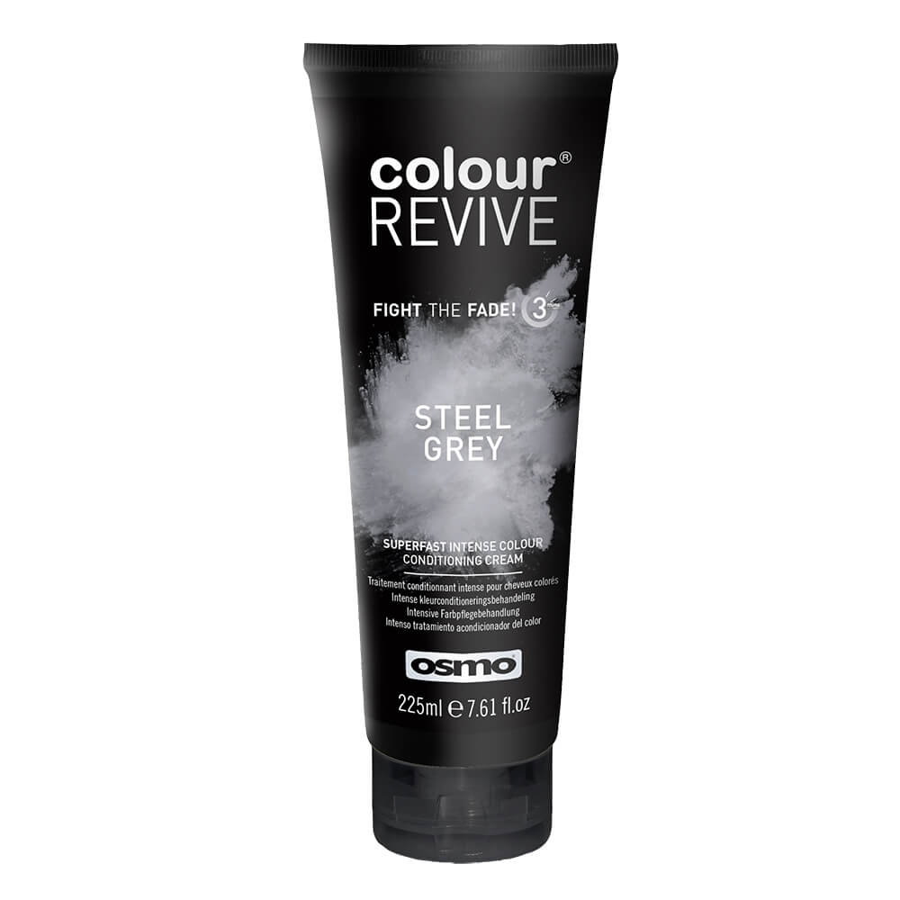 Black tube of Osmo Colour Revive Steel Grey 225ml, featuring bold white text, with a sleek design and a grey splatter graphic, highlighting its intense colour conditioning properties.