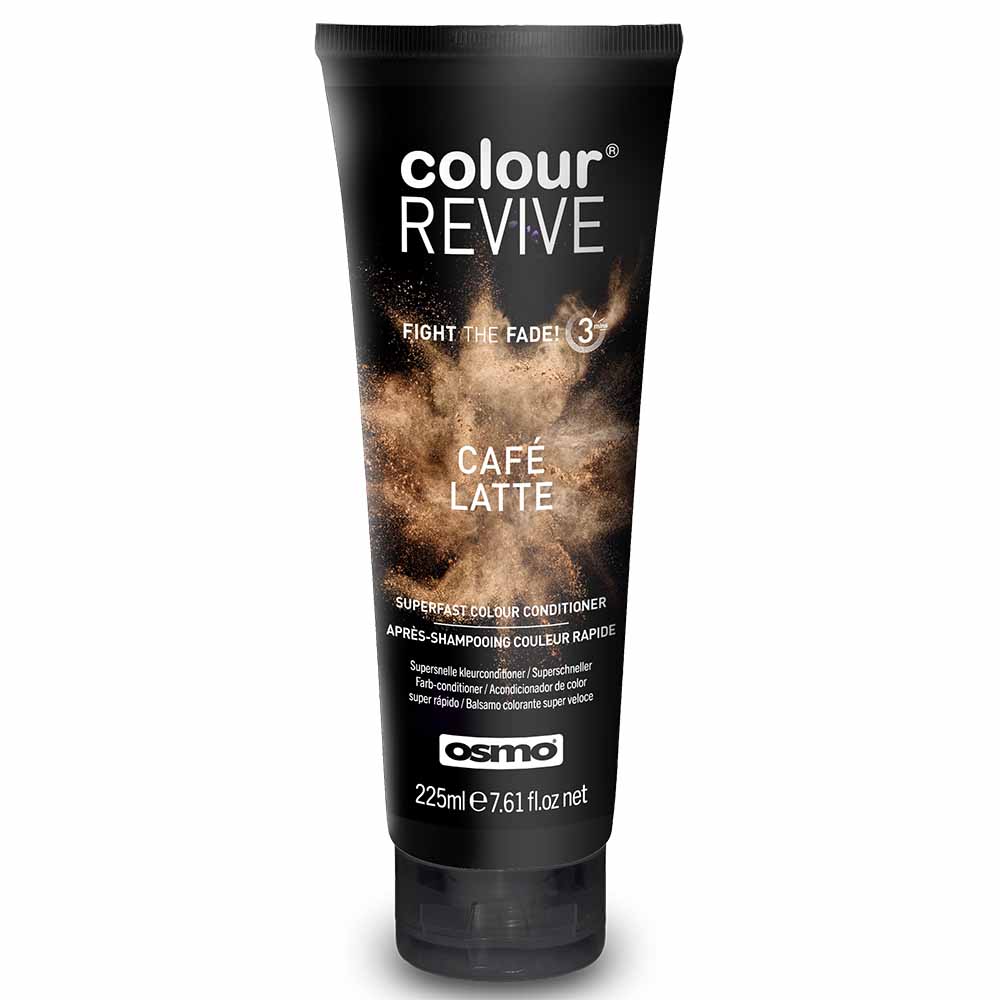 Black tube of Osmo Colour Revive Cafe Latte, 250ml, featuring a sleek design with white text and a splash graphic, promoting its use as a superfast colour conditioner.
