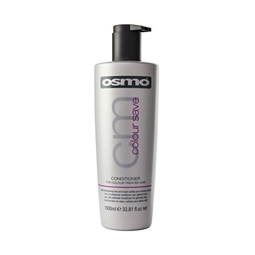 Silver plastic bottle with a black pump top, labeled "Osmo Colour Save Conditioner" in bold black and pink text, designed for color-treated hair, 1000ml size.