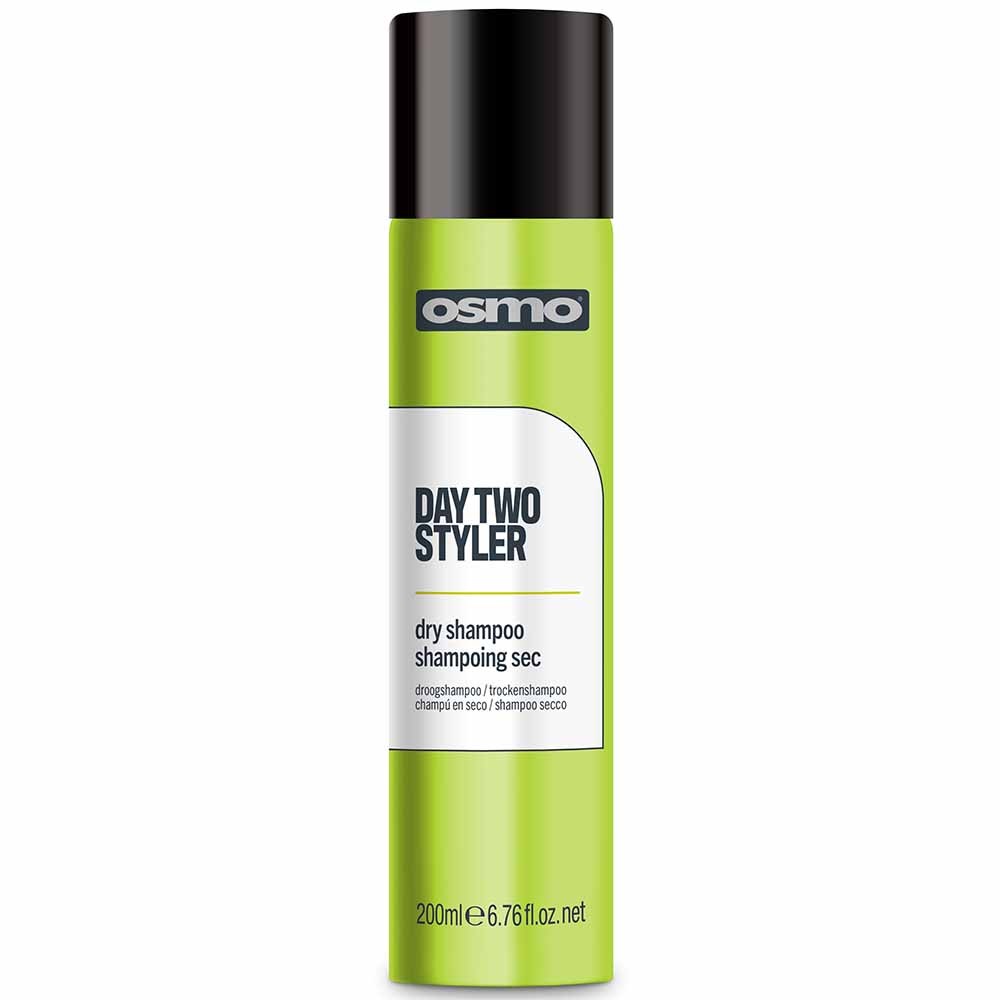 Bright green cylindrical bottle with a black cap, featuring a white label that reads "DAY TWO STYLER" and details about the dry shampoo, 200 ml size.