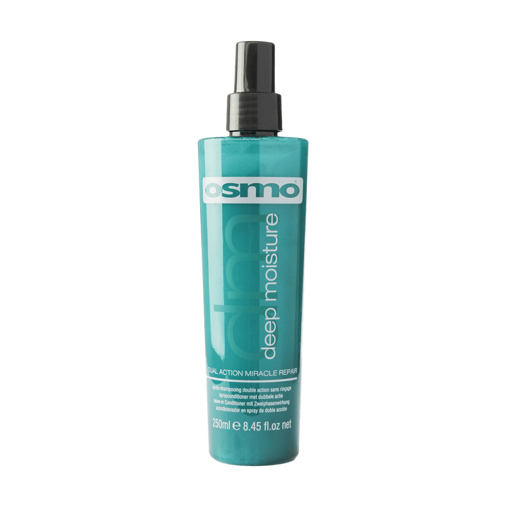 Turquoise spray bottle with a black nozzle, labeled "Osmo Deep Moisture Dual Action Miracle Repair," 250ml, featuring a sleek, modern design and bold white text.