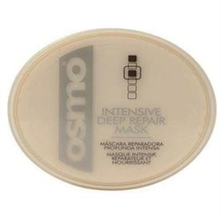 Round, beige container with a smooth surface, featuring the Osmo logo and product name "Intensive Deep Repair Mask" in black text, indicating a hair care product.