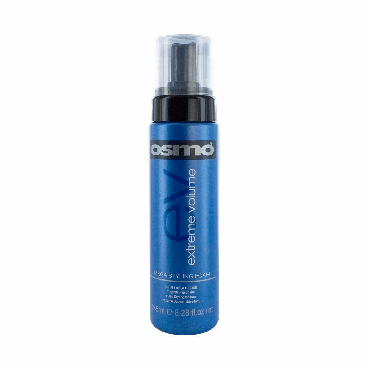 Blue aerosol canister of Osmo Extreme Volume Mega Styling Foam, featuring a black pump nozzle and bold branding on the label, designed for hair styling.