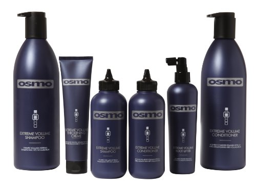 Osmo Extreme Volume Shampoo 350ml in a sleek dark blue bottle with a black pump, featuring a white label with bold text and a logo, part of a matching product line.