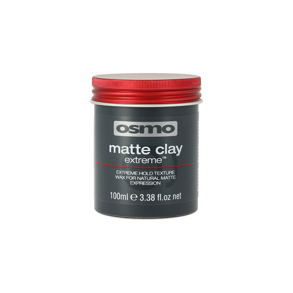 Black cylindrical container with a red lid, labeled "Osmo Matte Clay Extreme," featuring white text and a capacity of 100ml, designed for hair styling with extreme hold.