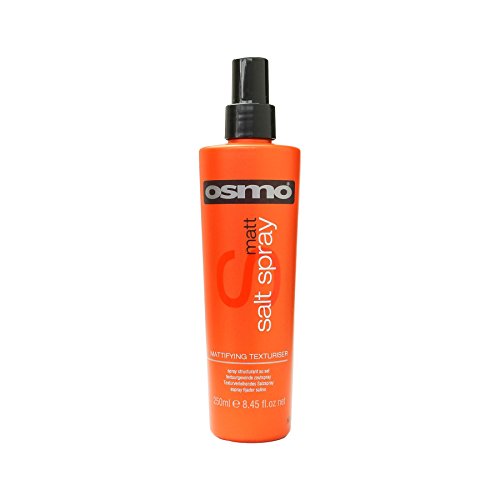 Bright orange bottle of Osmo Matt Salt Spray, 250ml, featuring a black spray nozzle, designed for adding texture and volume to hair.