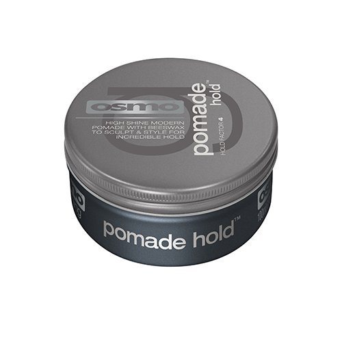 Silver tin container of Osmo Pomade Hold, 100ml, featuring a sleek design with a black label and white text, emphasizing high shine and strong hold for styling.