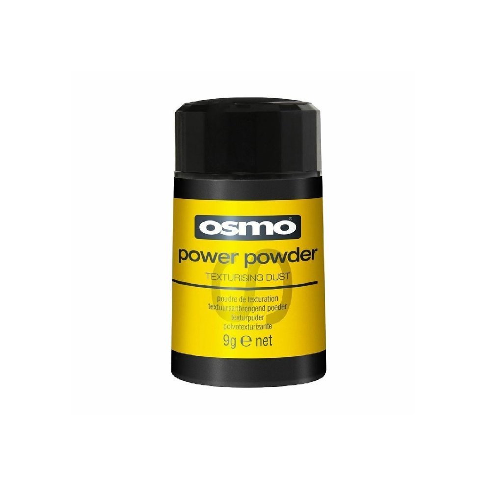 Black and yellow cylindrical container of Osmo Power Powder Texturising Dust, 9g, featuring bold text and a sleek design for easy application.