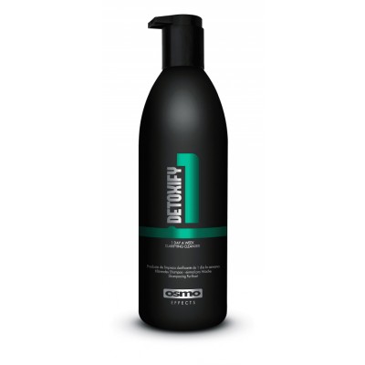 Black bottle of Osmo Scalp Therapy Detoxify Shampoo, 1000ml, featuring a green "Detoxify" label and a pump dispenser, designed to remove build-up while retaining moisture.
