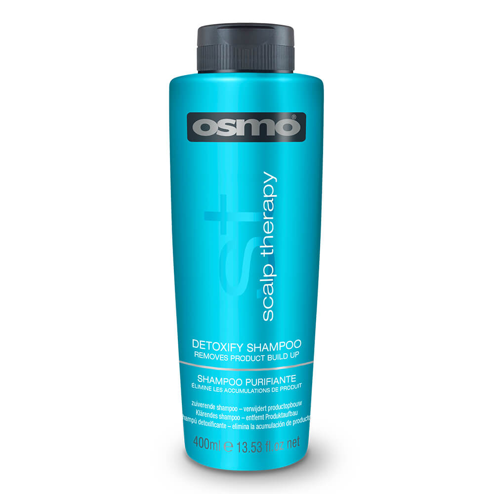 Turquoise bottle of Osmo Detoxify Shampoo, 400ml, featuring a black label with white text, designed to remove product buildup and promote scalp health.