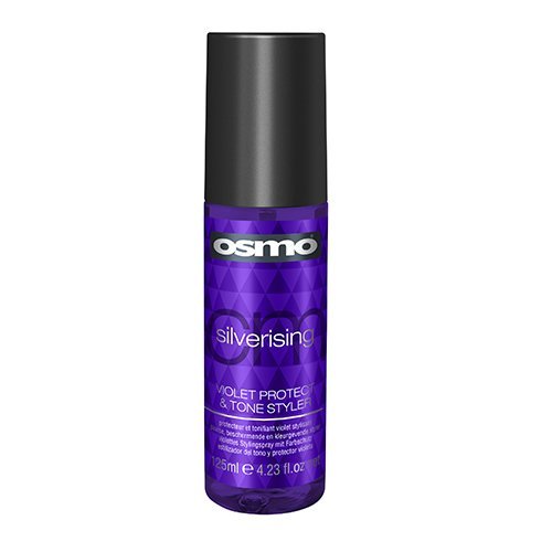 Purple bottle of Osmo Silverising Violet Protect & Tone Styler, 125ml, featuring a sleek design with a black cap and the brand logo prominently displayed.
